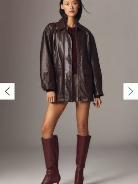 Oversized Brown Leather Zip-Front Jacket